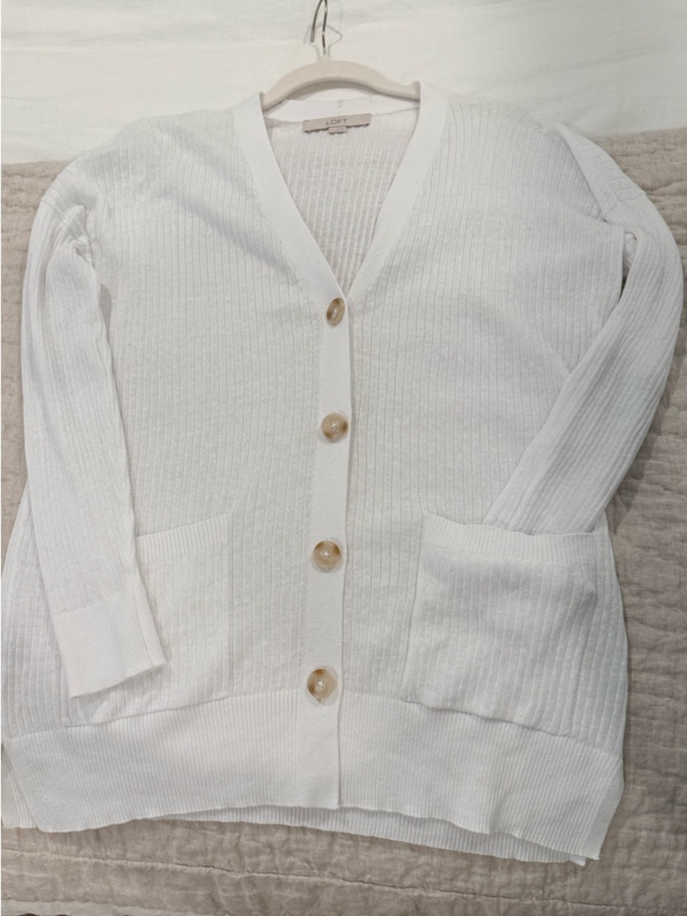 LOFT Soft White Ribbed V-Neck Button Cardigan with Patch Pockets